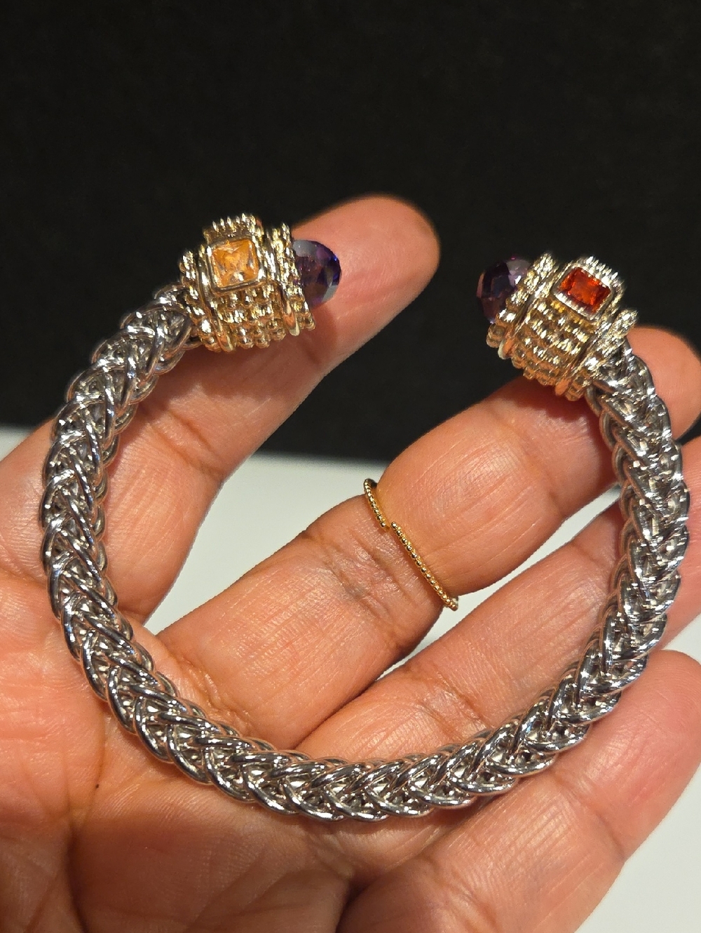Silver Braided Cuff Bracelet with Gold Accent and Gemstones